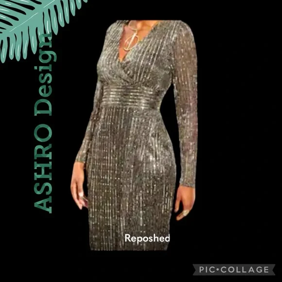 🆕 ASHROS DESIGN Metallic & Black Mock Wrap Dress Live it! Has Mesh sleeves SZ 1X - Picture 2 of 10